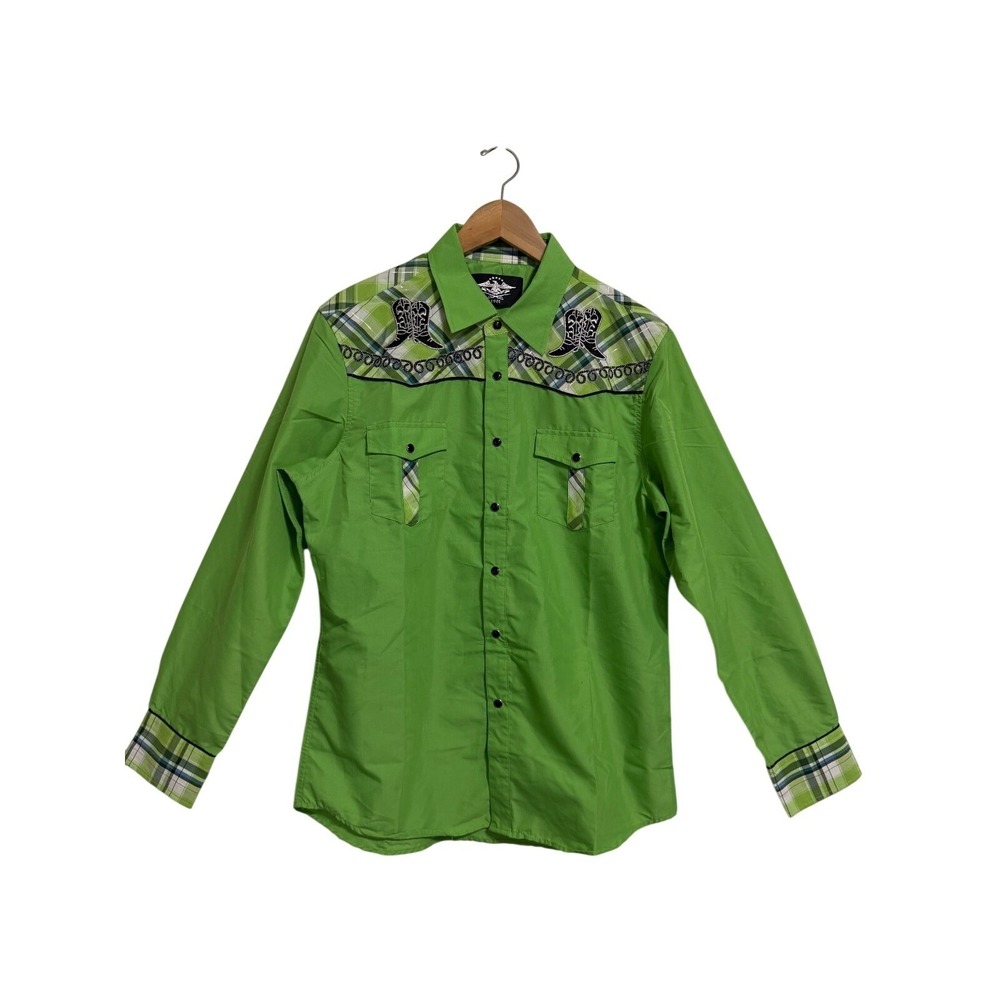 1901 Western Shirt Mens Large Green Plaid Yoke Embroidered Cowboy Boots‎ Snaps